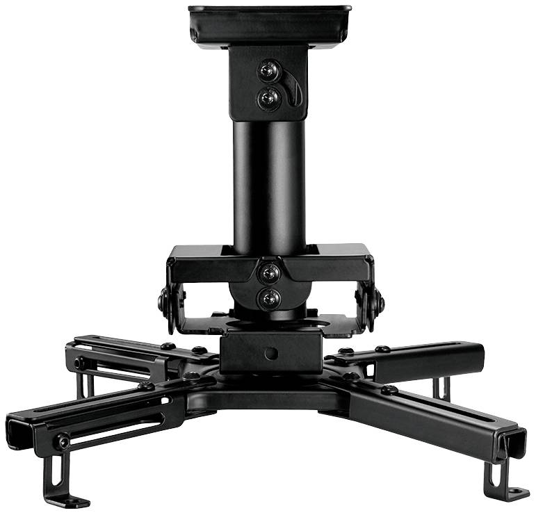 Black ceiling mount for projectors with adjustable arms and a central support rod, suitable for home and office environments.