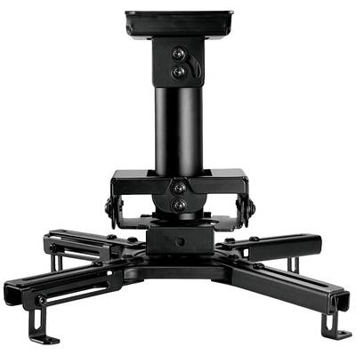 Black ceiling mount for projectors with adjustable arms and a central support rod, suitable for home and office environments.