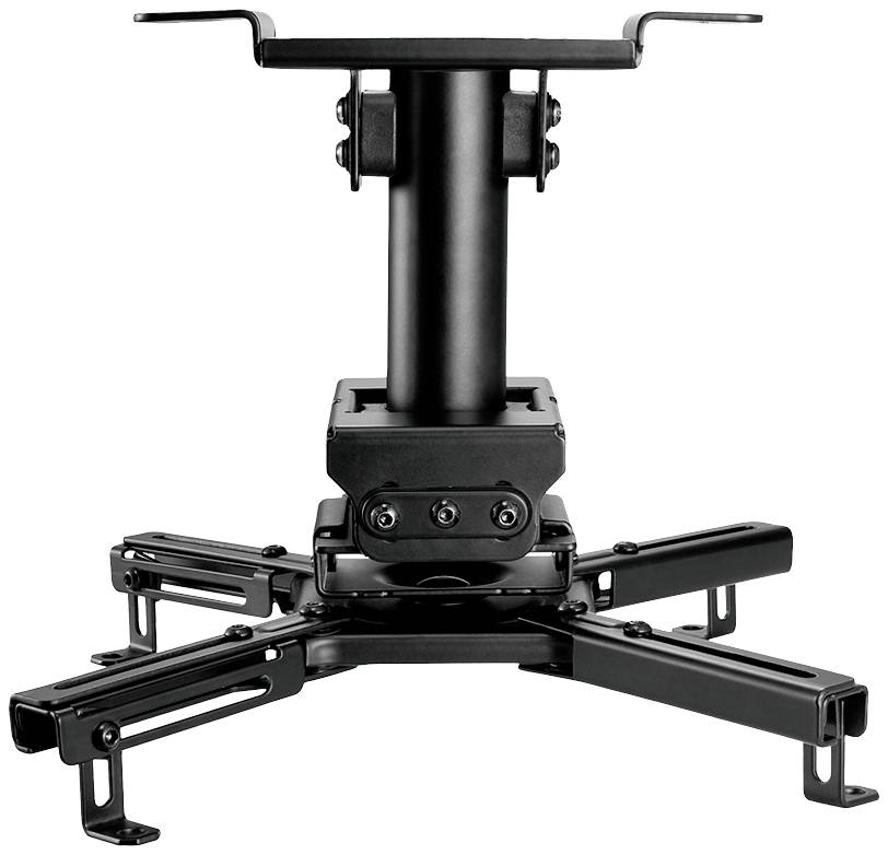 A black ceiling projector mount with adjustable arms that provide stability. Suitable for fixing a projector to the ceiling.