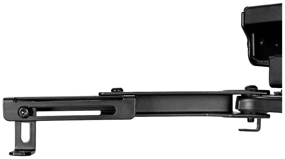 Side view of a black, adjustable TV wall mount with extension and tilting function, for flexible screen positioning.