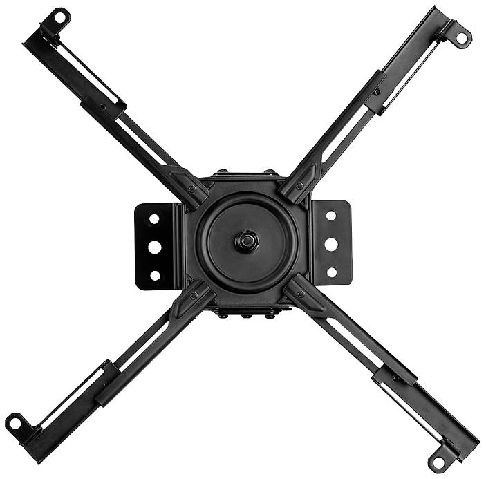 A black, cross-shaped ceiling mount for projectors, installed at a central point, with adjustable arms.