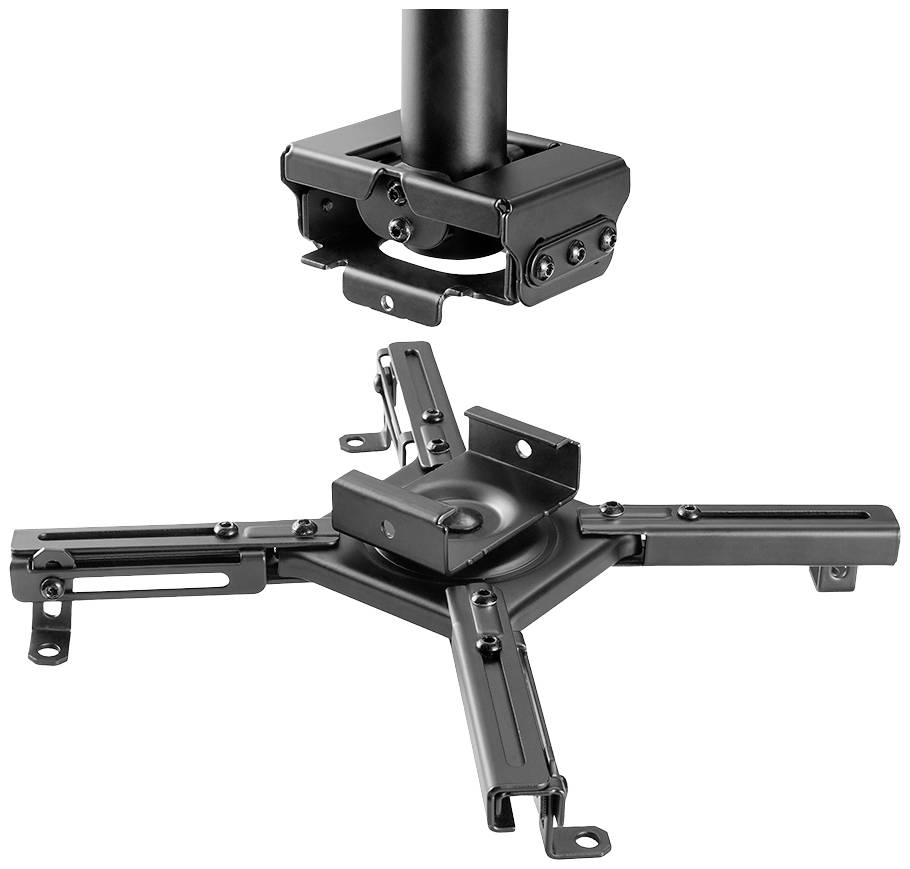 Black metal projector mount with adjustable arms and mounting plate, suitable for ceiling or wall installation.