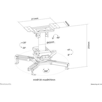 Projector Ceiling Mount: Height-Adjustable, Tilting from -20° to +20°, Rotating 360°, Dimensions Measured in Millimetres.