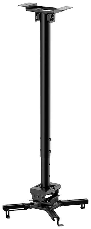 A black, height-adjustable ceiling mount for projectors. It features pivoting arms and a robust metal construction.