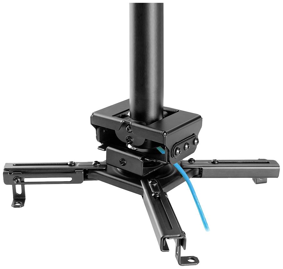 Black metal projector mount, installed on a ceiling. A blue cable runs along the mounting bracket.