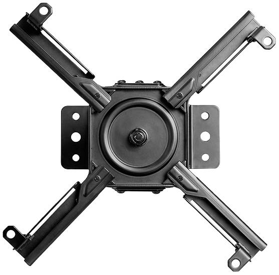 A black ceiling projector mount with adjustable arms in a cross-shaped design.