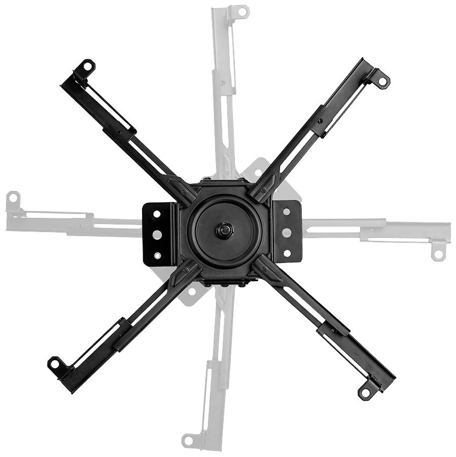 Black mechanical component with six symmetrical arms radiating from a central circle, set against a white background.