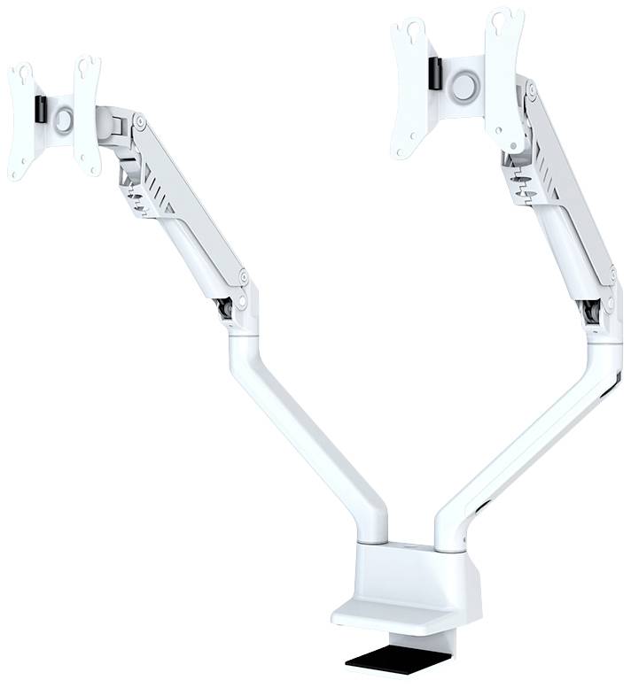 Double metal monitor arm with adjustable joints and clamp base for desk mounting, without monitors.