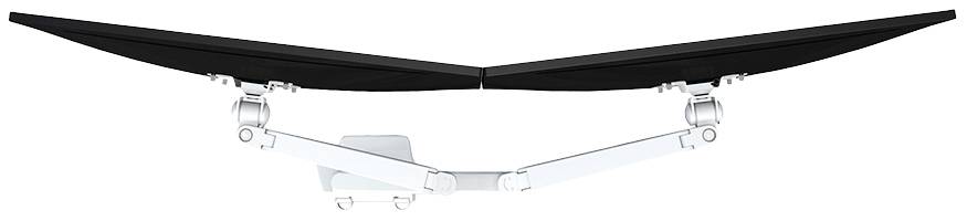 Two side-by-side mounted monitors on adjustable mounts, forming a V-shape.