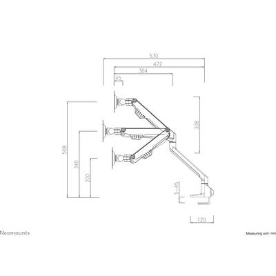 Drawing of a monitor arm with three joints, detailed dimensions and metric units, to illustrate measurements.