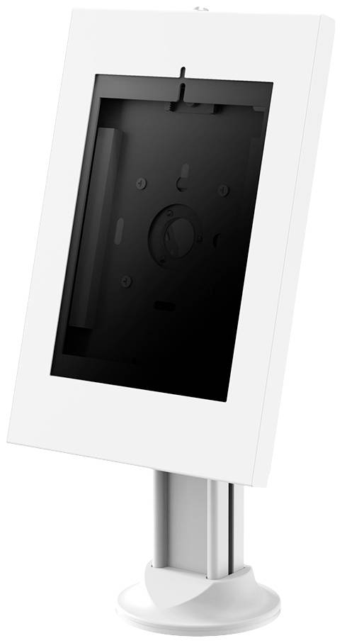 A white, angled tablet holder with a blank screen, mounted on a metal stand, perfect for presentations.