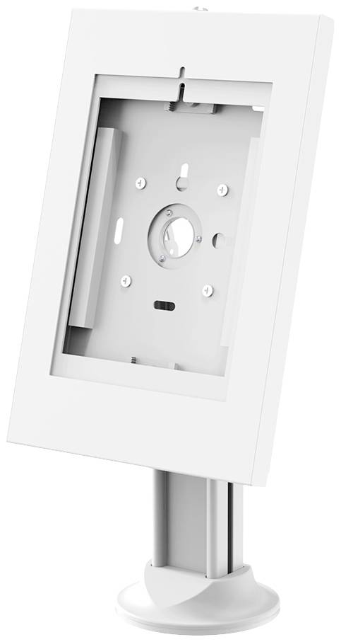 White desk mount for a screen or monitor, with adjustable stand leg. Suitable for secure mounting.