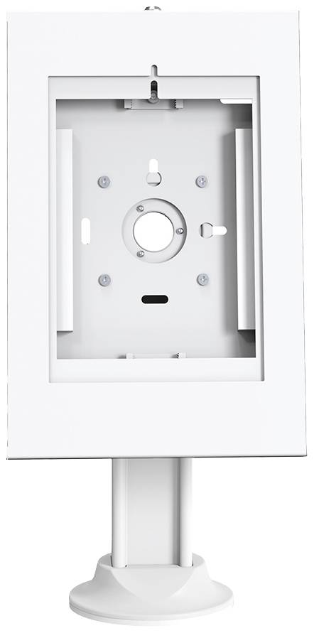 A white wall mount for installing an electronic device, featuring screw holes and a central mounting point, standing upright.