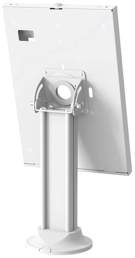 White, rectangular stand mount with a vertical support arm, suitable for mounting monitors or screens.