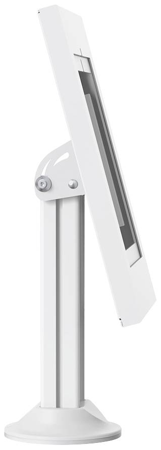 A white, slim monitor stand, viewed from the side. The stand has a stable base and is height-adjustable.