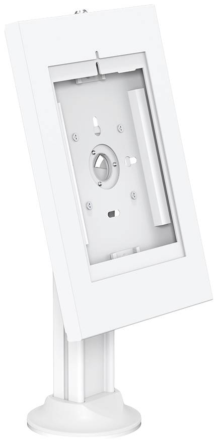 A white tablet holder with an adjustable stand, suitable for secure mounting and flexible use in sales or presentation environments.