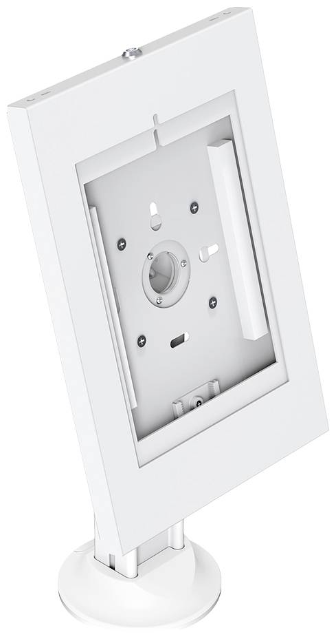 A white, empty frame on a stand, suitable for mounting an electronic device.