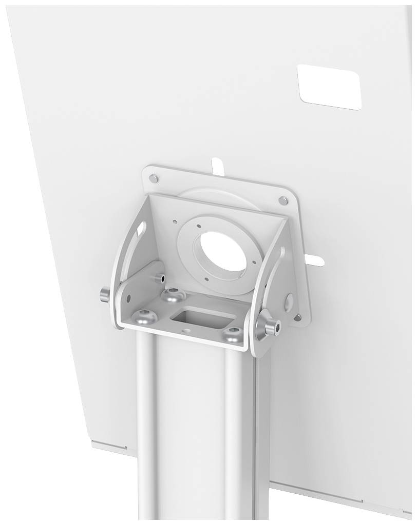 Back of a white-painted metal plate, attached to an adjustable mounting bracket, likely for technical equipment.