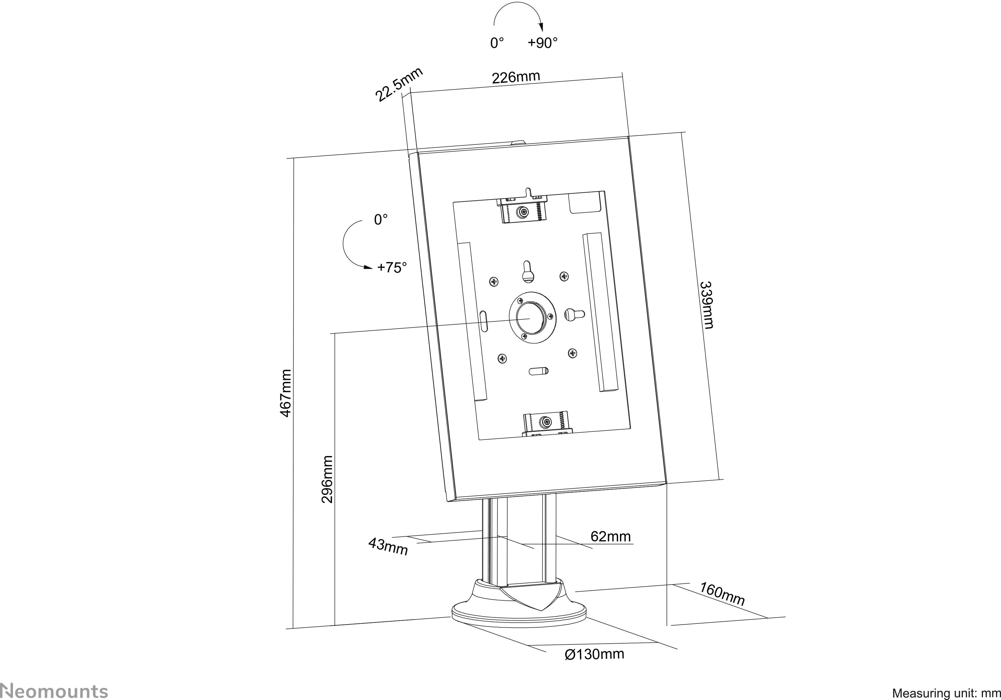 Technical drawing of a monitor stand with dimensions in mm. The stand is tiltable from 0° to +75° and rotatable from 0° to +90°.