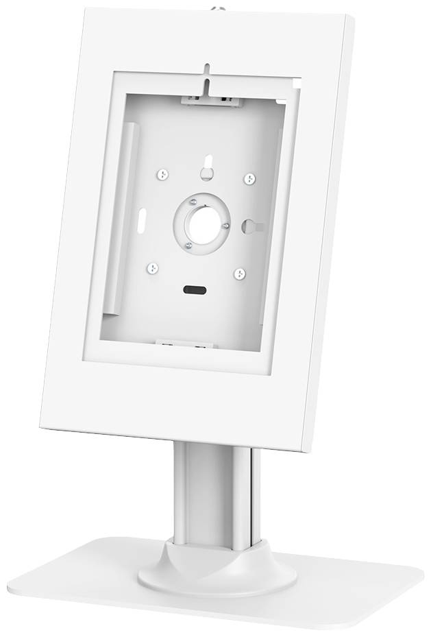 A white tablet stand with a frame, standing freely on a base, without a device inserted.