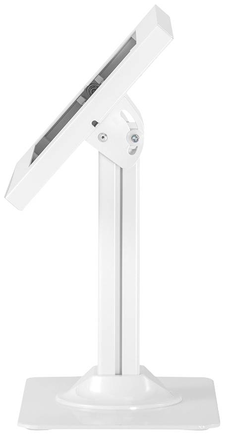 A white, adjustable stand with a rectangular frame, suitable for holding a screen or panel in an upright position.