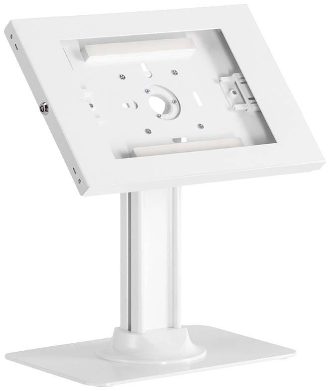 A white metal tablet stand with a rectangular frame and adjustable tilt angle, mounted on a sturdy base.