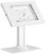 A white metal tablet stand with a rectangular frame and adjustable tilt angle, mounted on a sturdy base.