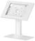 A white metal tablet stand that provides a stable mounting and base, ideal for use in shops or presentations.