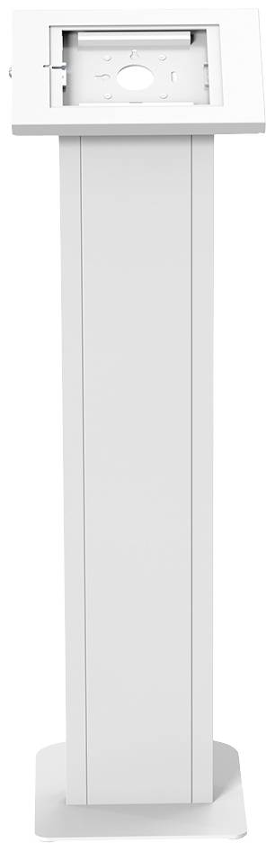 Height-adjustable white metal stand with a rectangular bracket, suitable for tablets or screens.