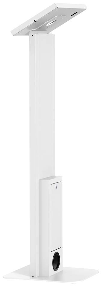 White, freestanding bracket with a rectangular base. At the top, there is an angled plate for mounting a device or sign.