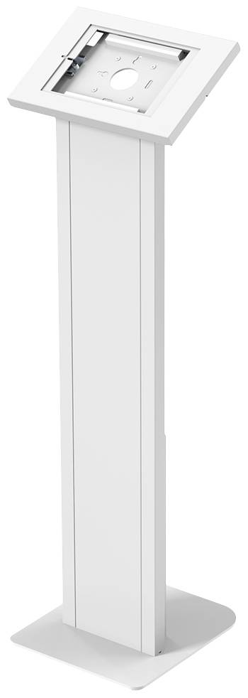 White, rectangular floor stand with an angled holder at the top, suitable for mounting a tablet or screen for presentations.