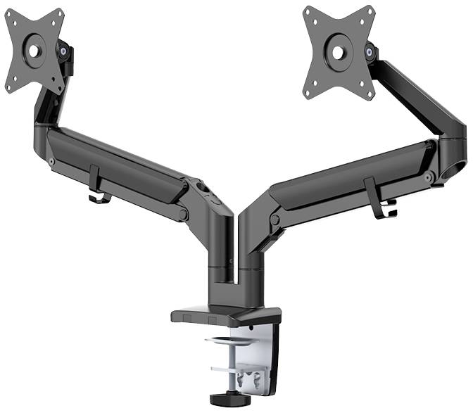 Double monitor arm with clamp mounting, enables flexible height adjustment and positioning of two screens, black.