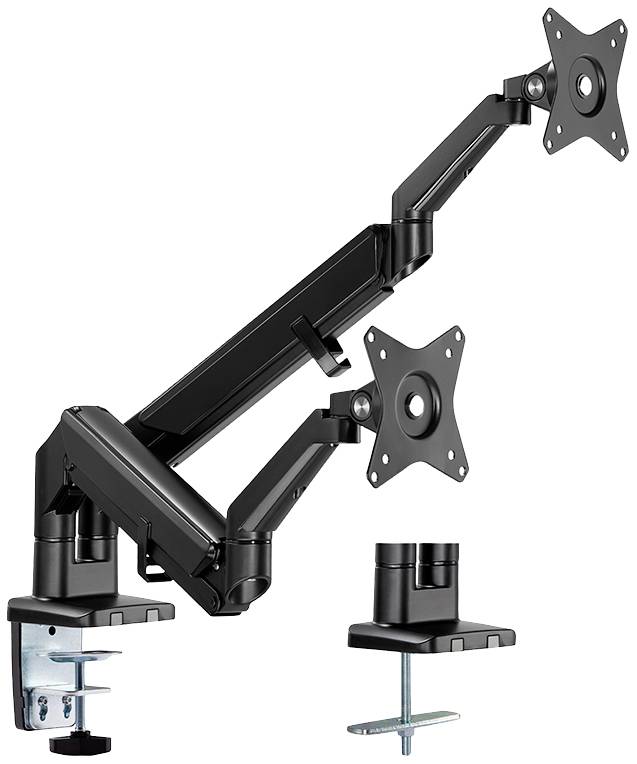 Two adjustable, black monitor arms, mounted on a desk with a clamp for attachment. Suitable for two monitors.