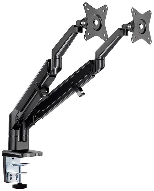 Dual-Arm Monitor Stand, made of black metal, for mounting two monitors. Pivoting and height-adjustable, desk-mounted.