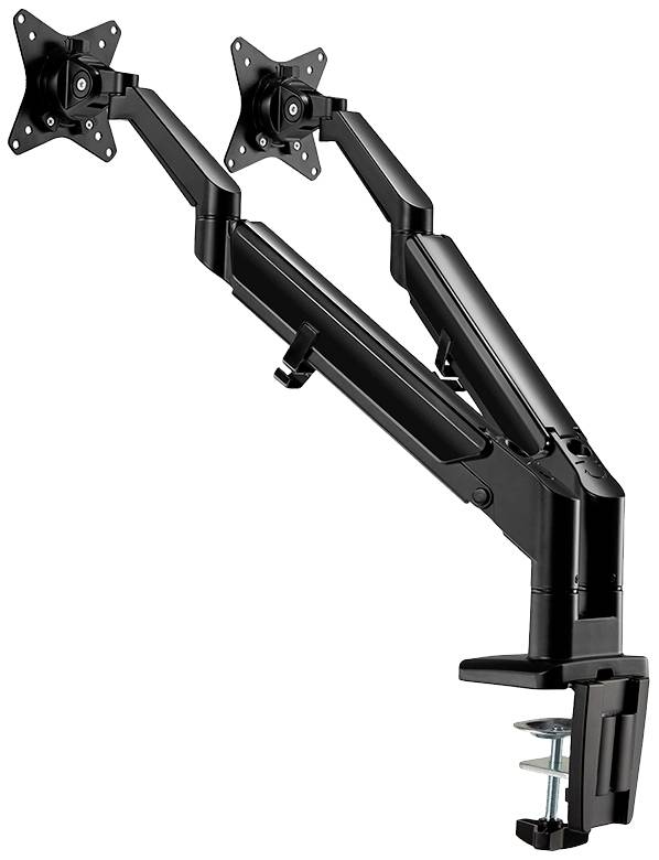 Two black, adjustable metal monitor arms with desk clamps, designed for flexible positioning of monitors in the workspace.