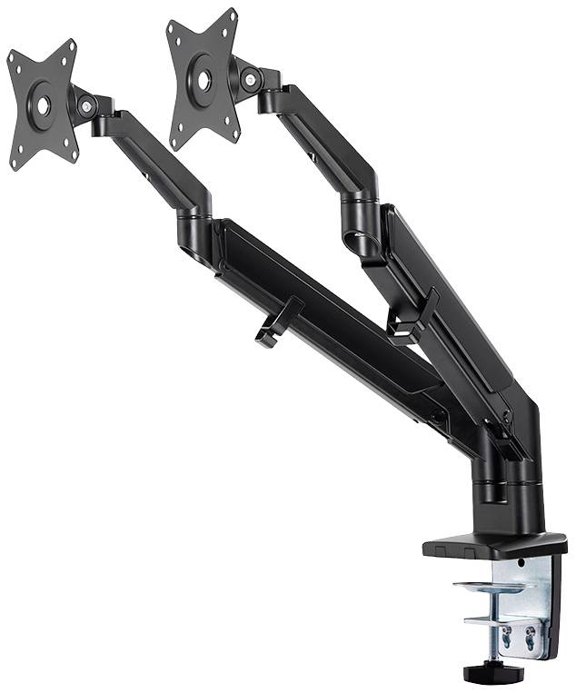 Black dual monitor mount with adjustable arms and desk clamp for attachment, suitable for computer screens in office or home.