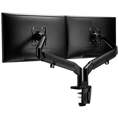 Two black monitors mounted on a dual, adjustable arm system attached to a desk, designed for ergonomic workstations.