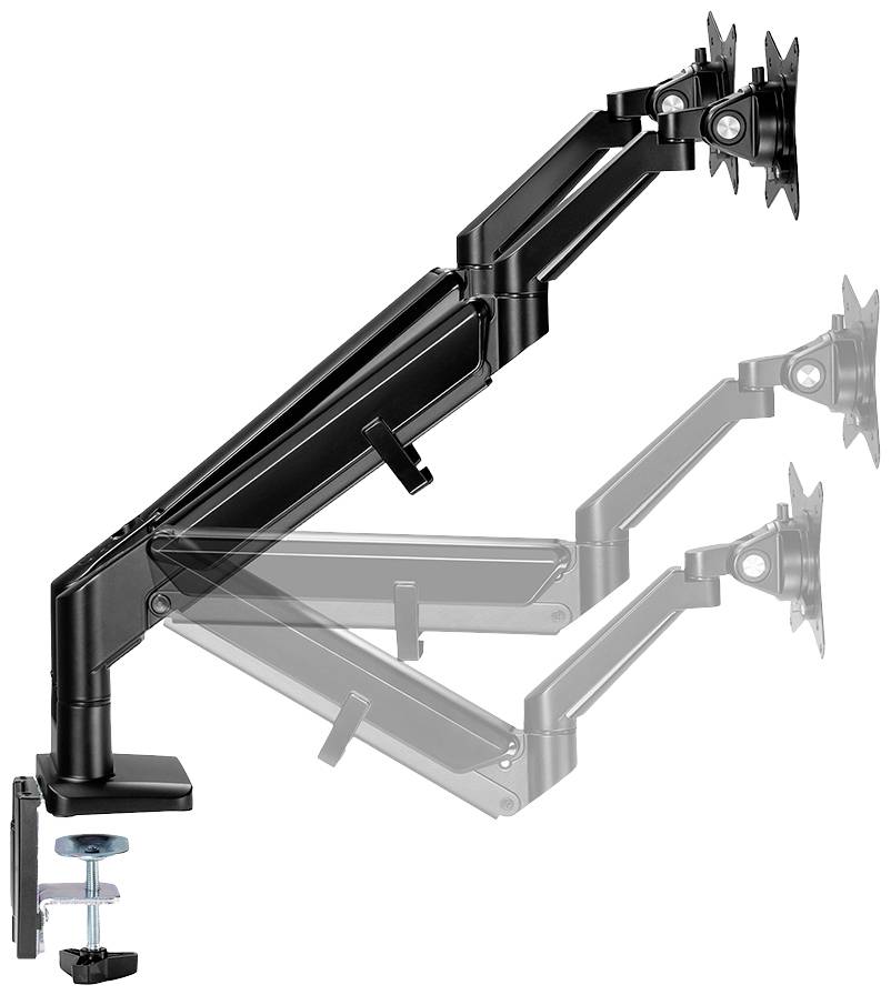 A monitor arm with a clamp for fixing to a desk, adjustable in height and tilt for two screens, black.