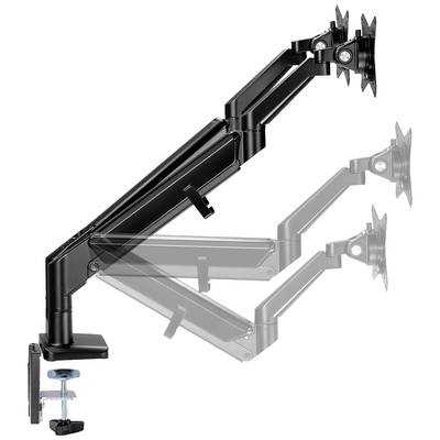 A monitor arm with a clamp for fixing to a desk, adjustable in height and tilt for two screens, black.