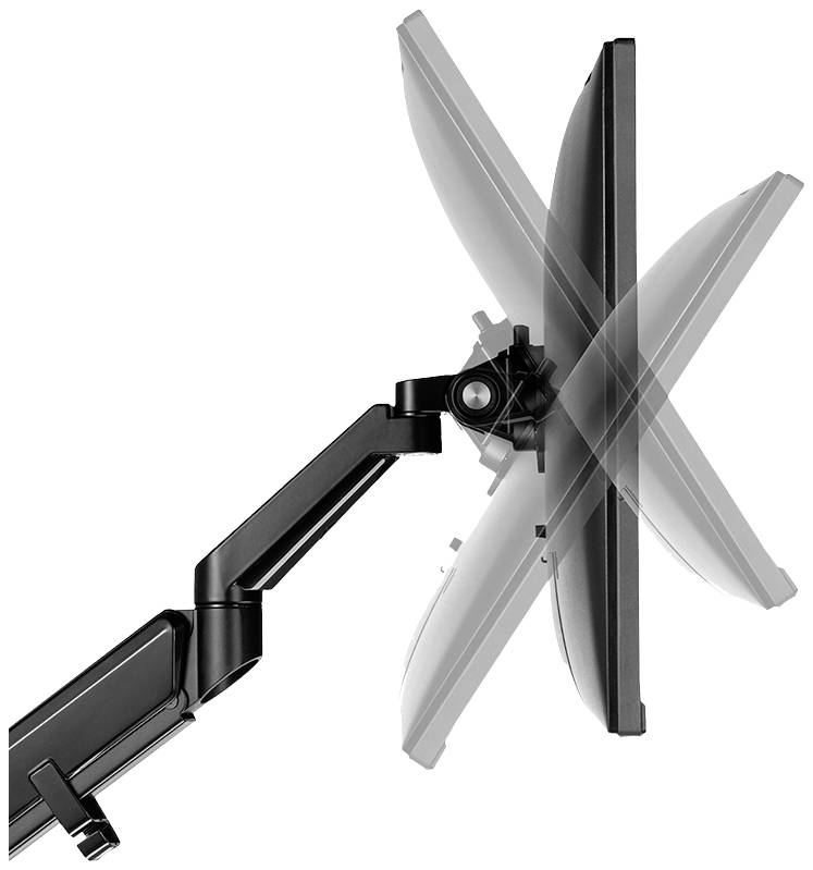 An adjustable monitor arm demonstrates the screen's range of movement. The arm allows tilting and rotation in various directions.