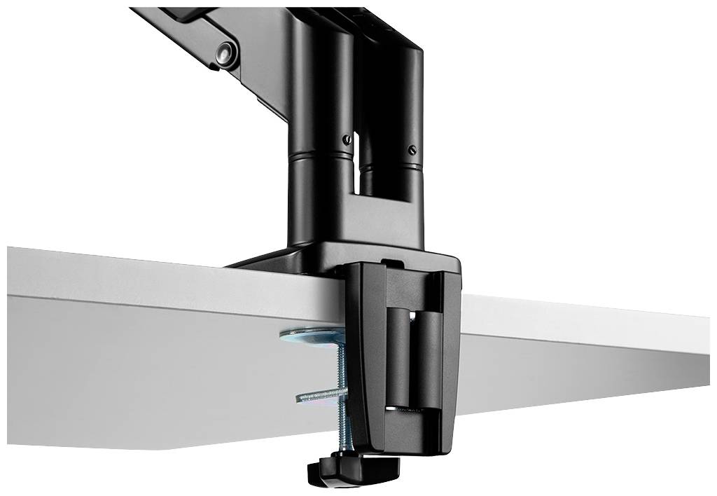 A black metal monitor arm is attached to a white desk. The arm has a swivel joint and a screw mounting.
