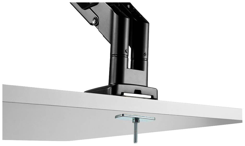 A black monitor arm is attached to a white desk and is positioned horizontally.