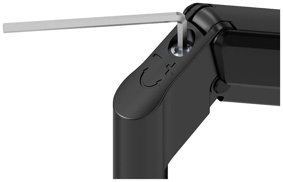 An Allen key is used to adjust a screw on a black hinge or joint that is marked with a plus and minus symbol.