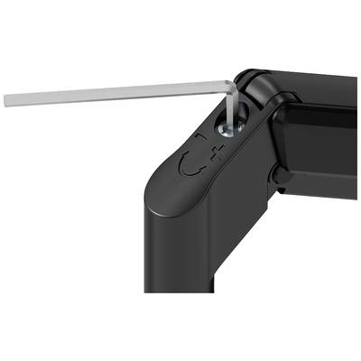An Allen key is used to adjust a screw on a black hinge or joint that is marked with a plus and minus symbol.