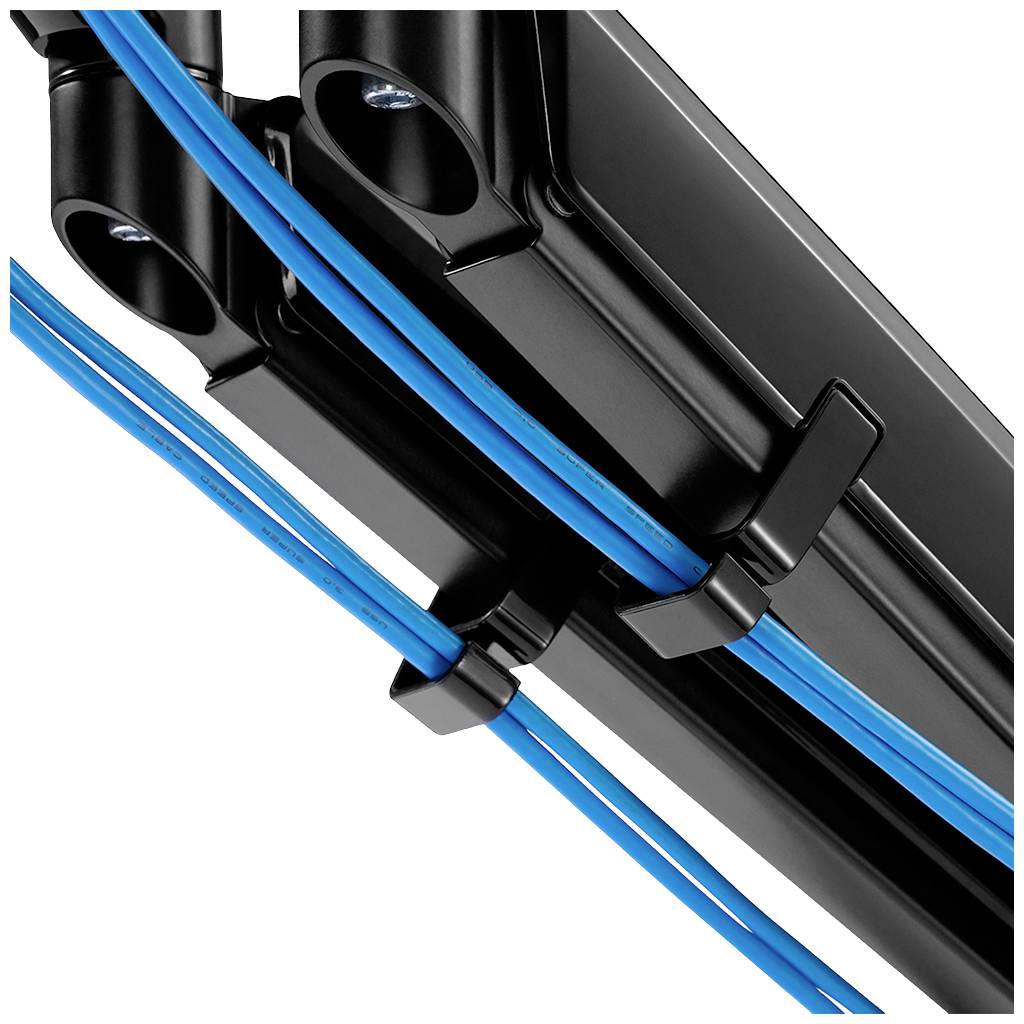 Cable management system with blue cables and black mounting brackets, guiding cables neatly along a rail.