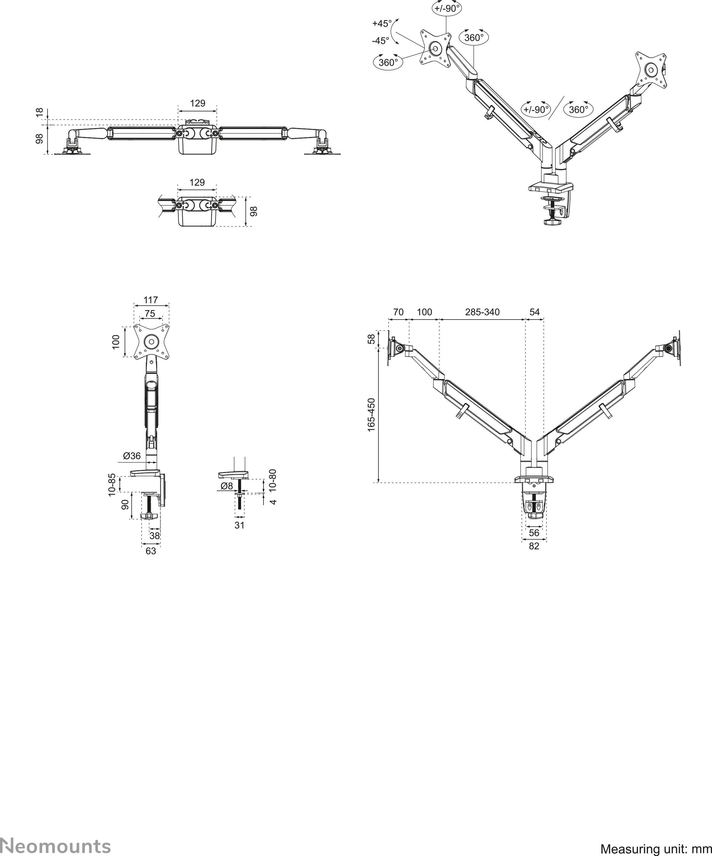 'Technical drawing of a dual monitor arm with dimensions in mm. Details of arm mounting and adjustability.'