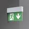 Green emergency exit sign with a white figure running through a door, with an arrow pointing downwards.