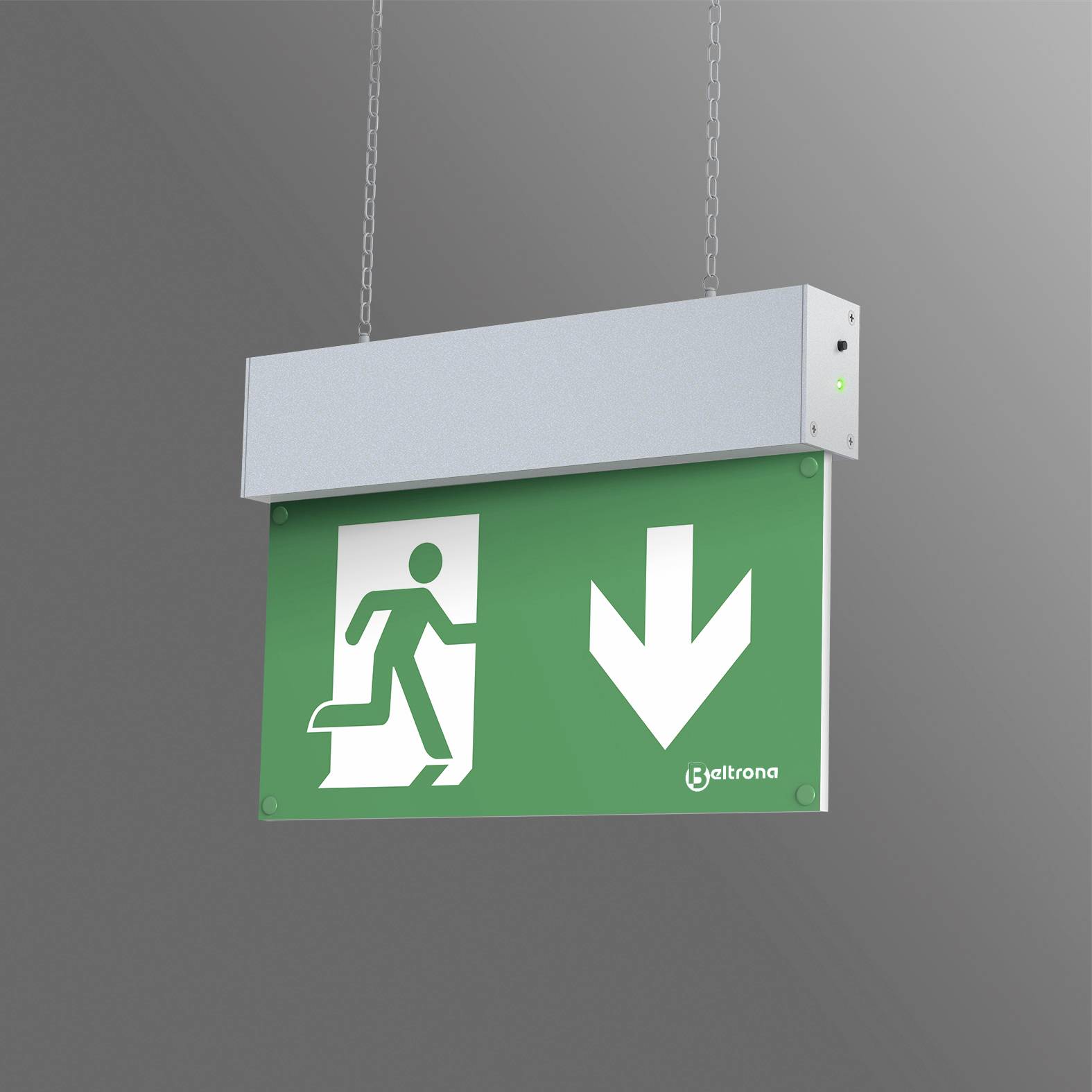 A green emergency exit sign shows a person running to the left, with an arrow pointing downwards, indicating the escape route.