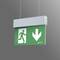 A green emergency exit sign shows a person running to the left, with an arrow pointing downwards, indicating the escape route.