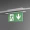Emergency exit sign with a green background and white pictogram of a running figure and downward arrow, mounted on the ceiling.